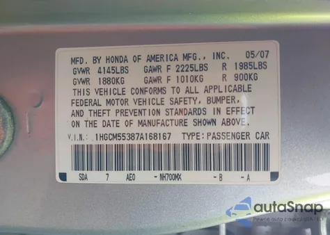 2007 Honda Accord 2.4 Se z USA, uszkodzony, nr VIN 1HGCM55387A168167